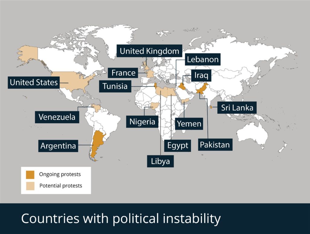 Map of countries with political instability