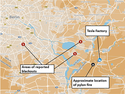 A map of Tesla factory ecotage attack in Berlin
