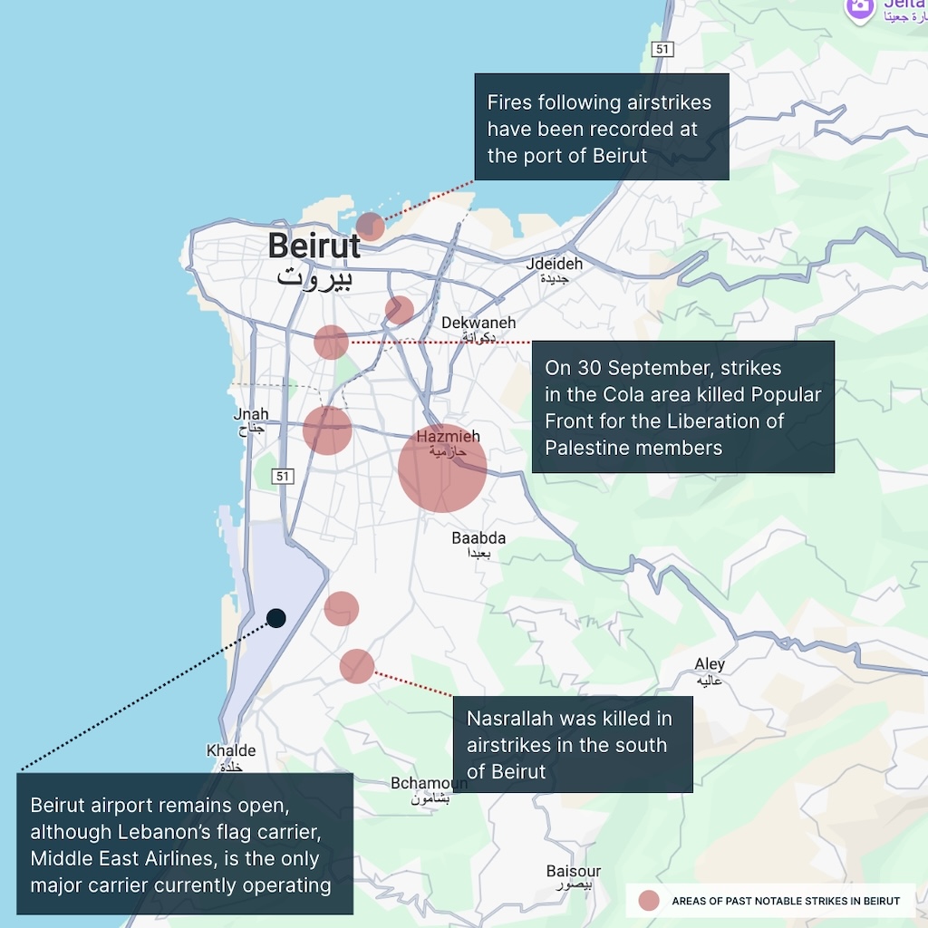 Areas of Past Notable Strikes in Beirut, Lebanon Map