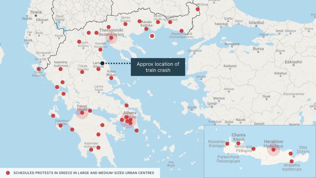 Greece Protests 2025 - map of scheduled protests